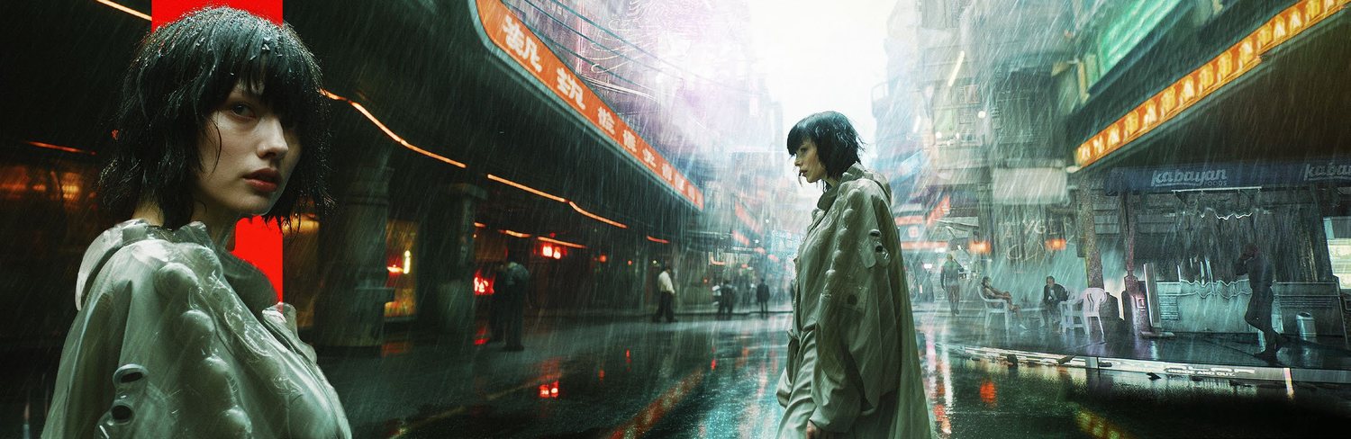 Cinematic keyframe — rain-soaked street with a lone figure